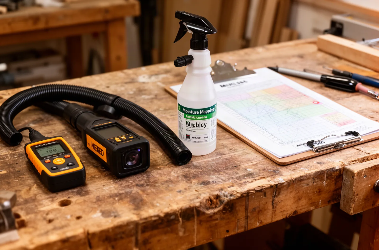 Restoration tools including moisture meter and infrared camera on a wooden workbench