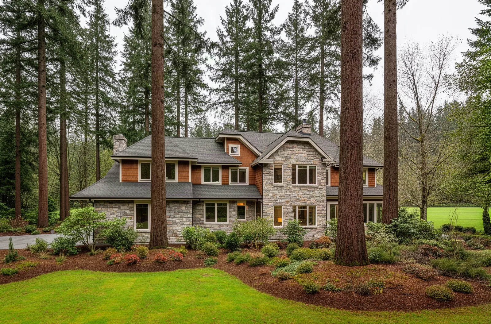 Modern colonial home with proper landscaping and grading in Bellevue