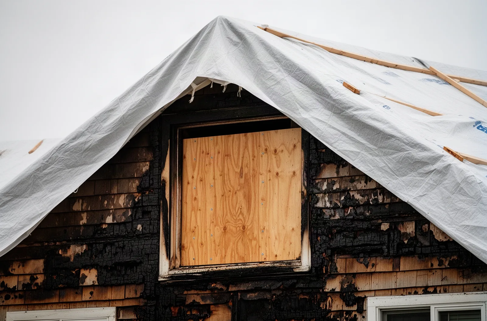 Professional plywood board-up and reinforced poly tarp completely covering fire-damaged roof