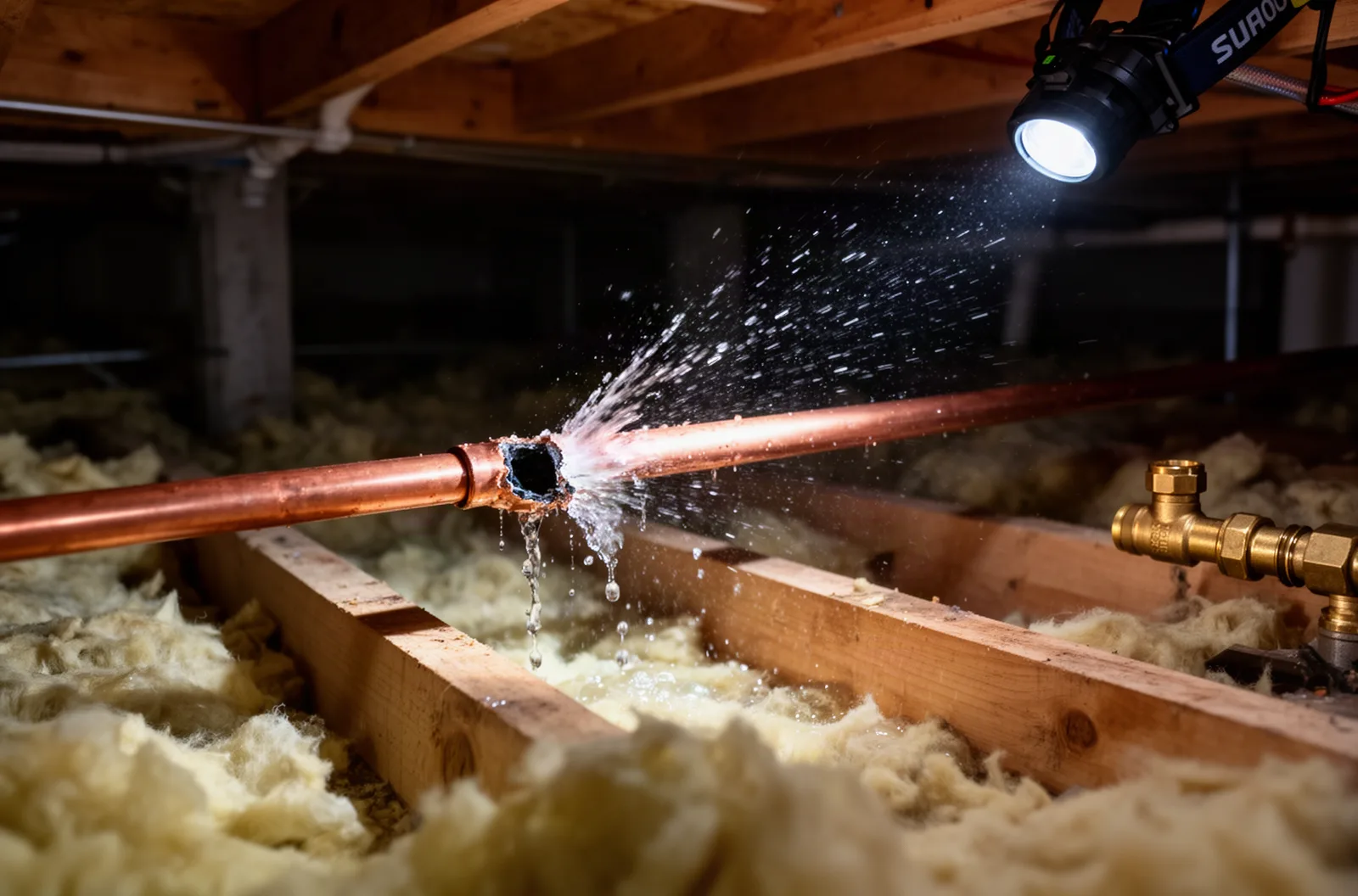 Burst copper pipe spraying water onto floor joists in a crawl space