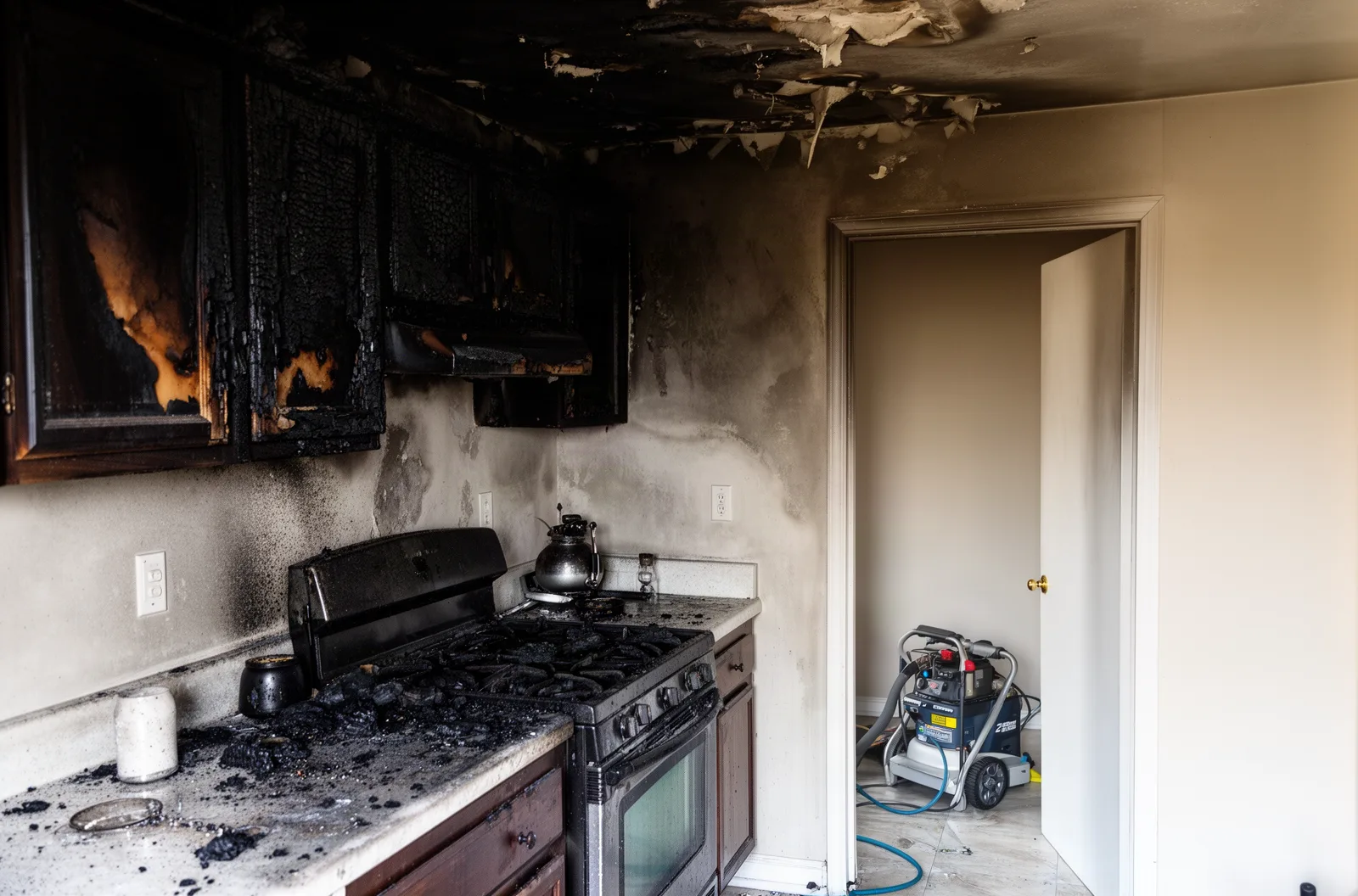 Soot-stained kitchen after a fire with thermal fogging machine for odor removal