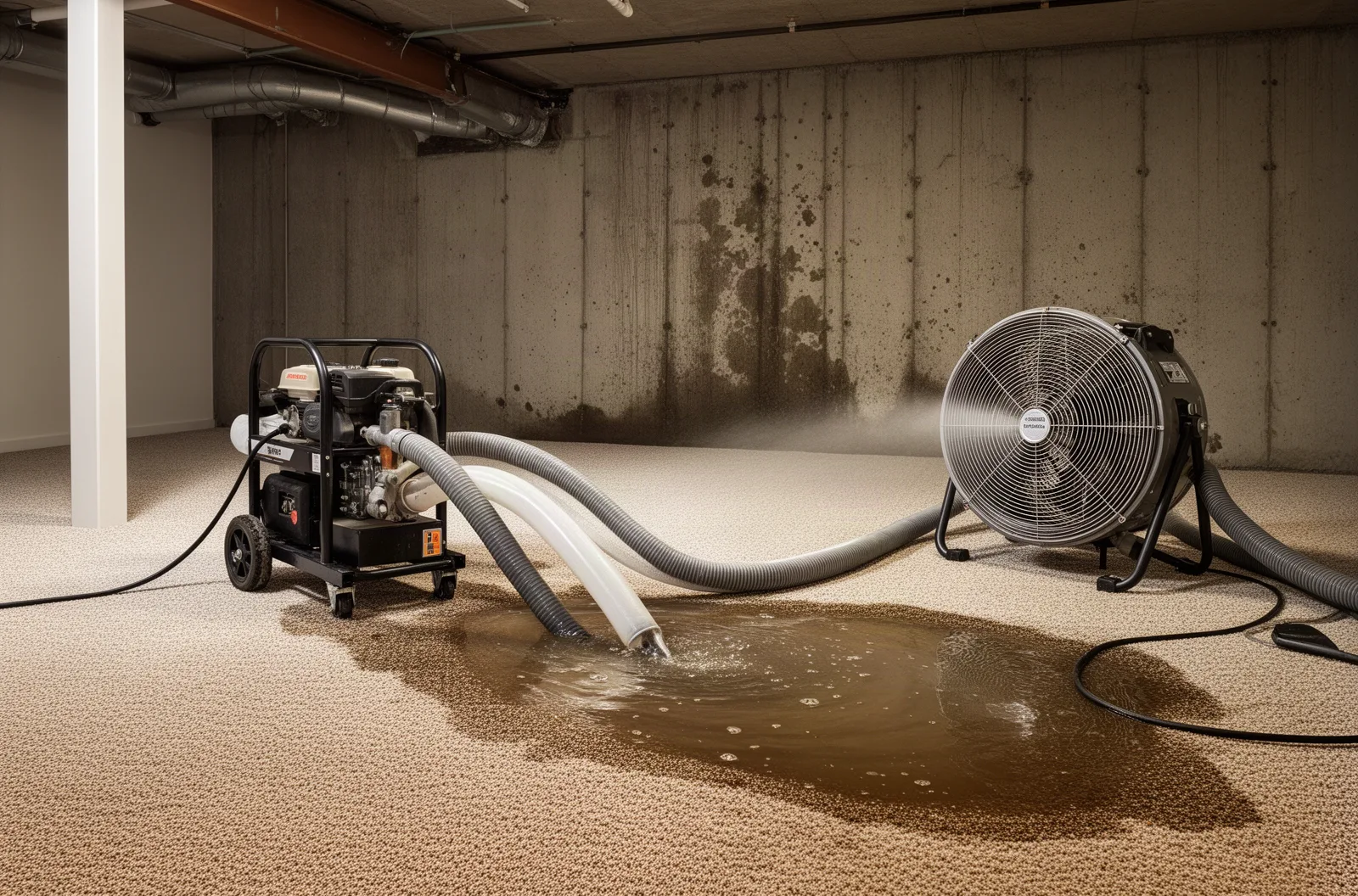 Single portable water extraction unit with large drying fan removing standing water from a flooded basement