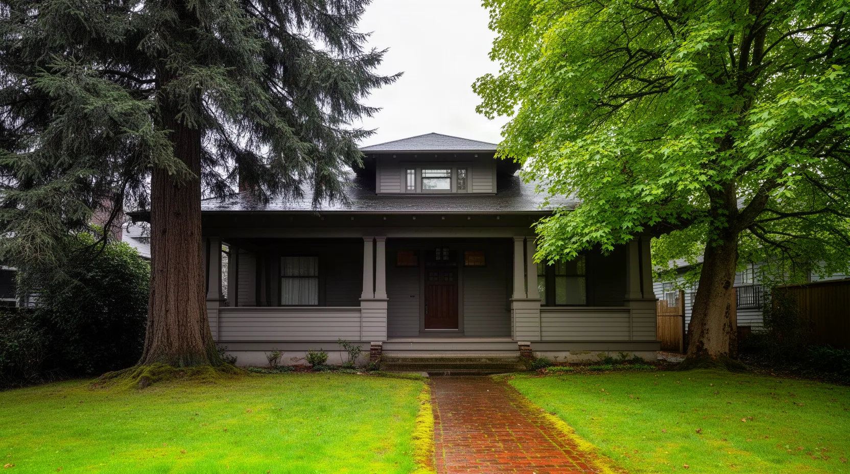 Craftsman bungalow with a covered porch among Douglas firs in Seattle, Washington