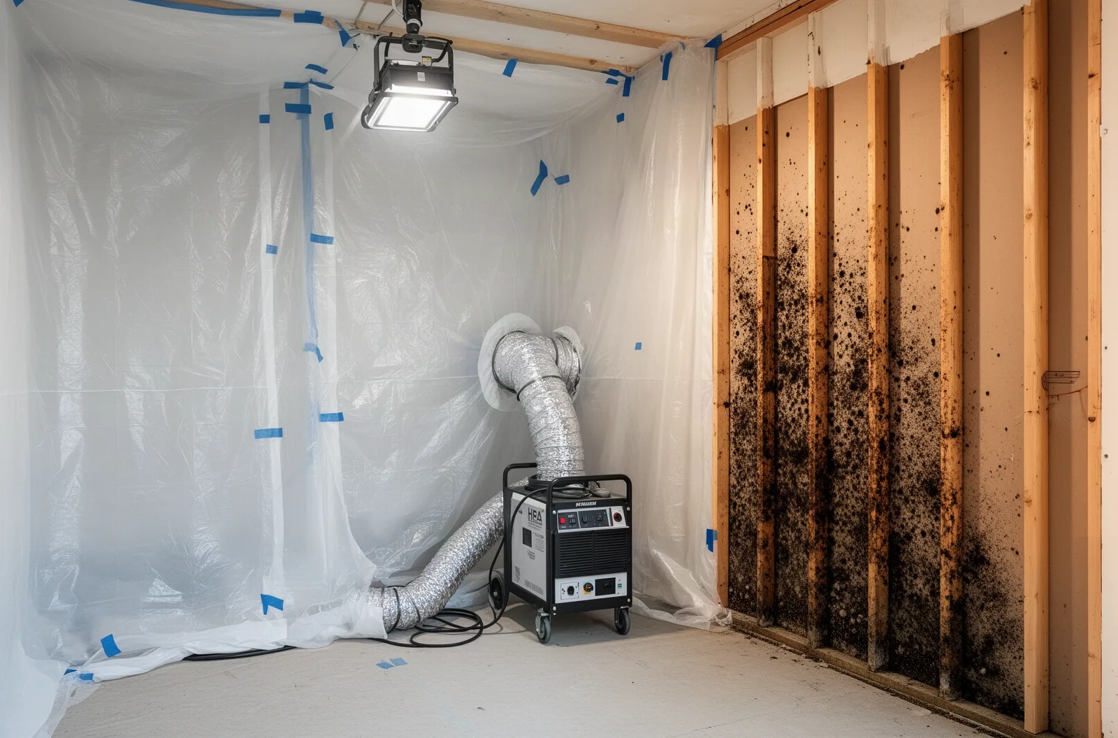Negative-pressure containment with HEPA scrubber during mold remediation