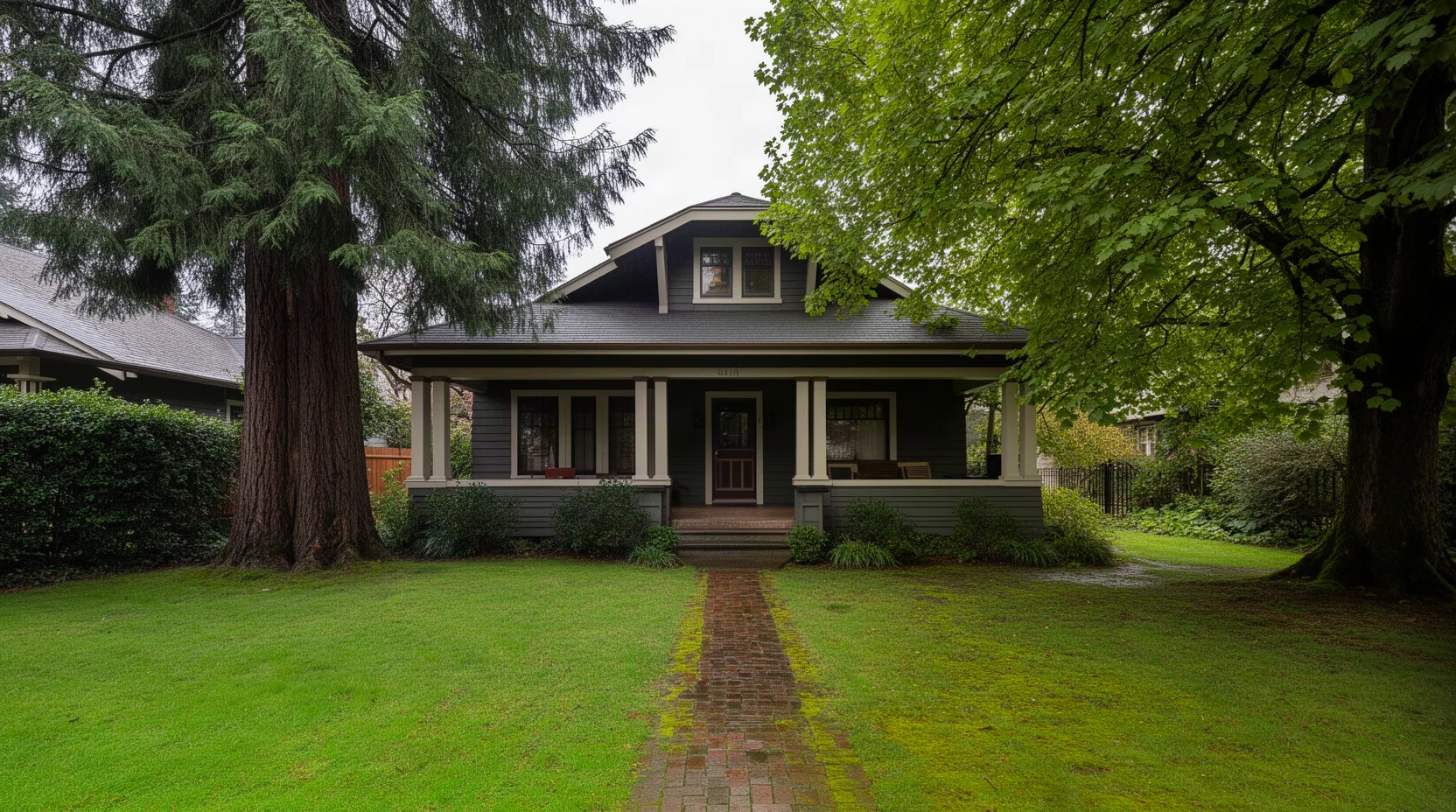 Craftsman bungalow with a covered porch among Douglas firs in Seattle, Washington