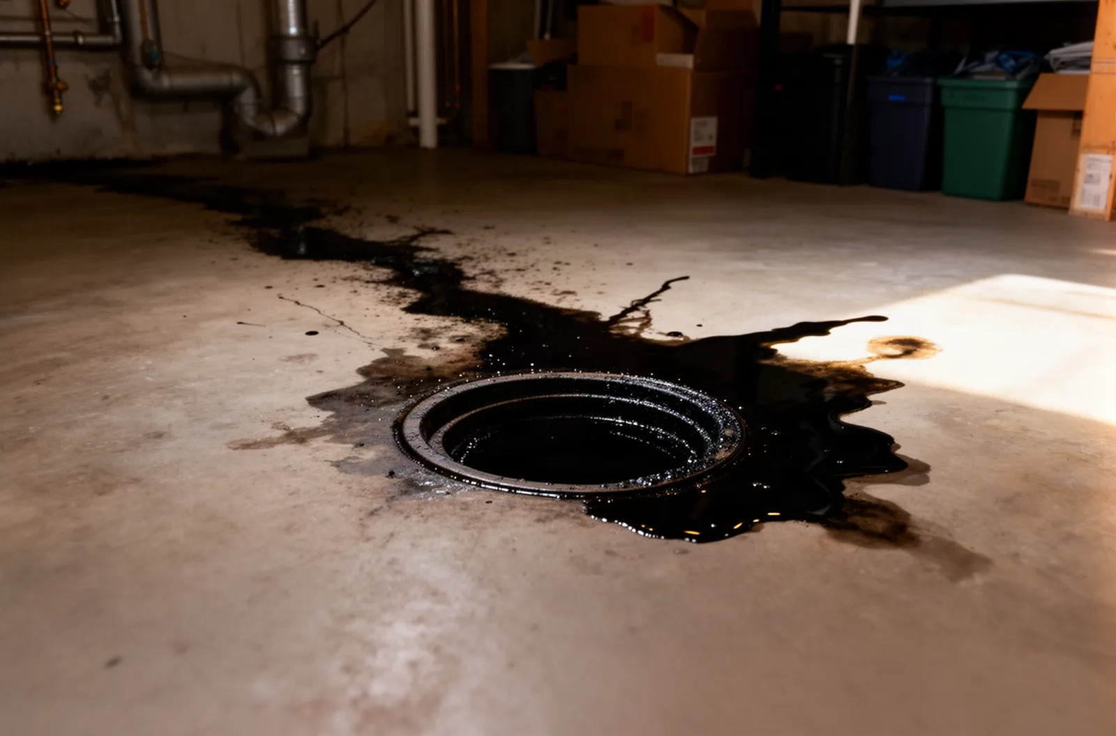 Black water sewage backup from a basement floor drain